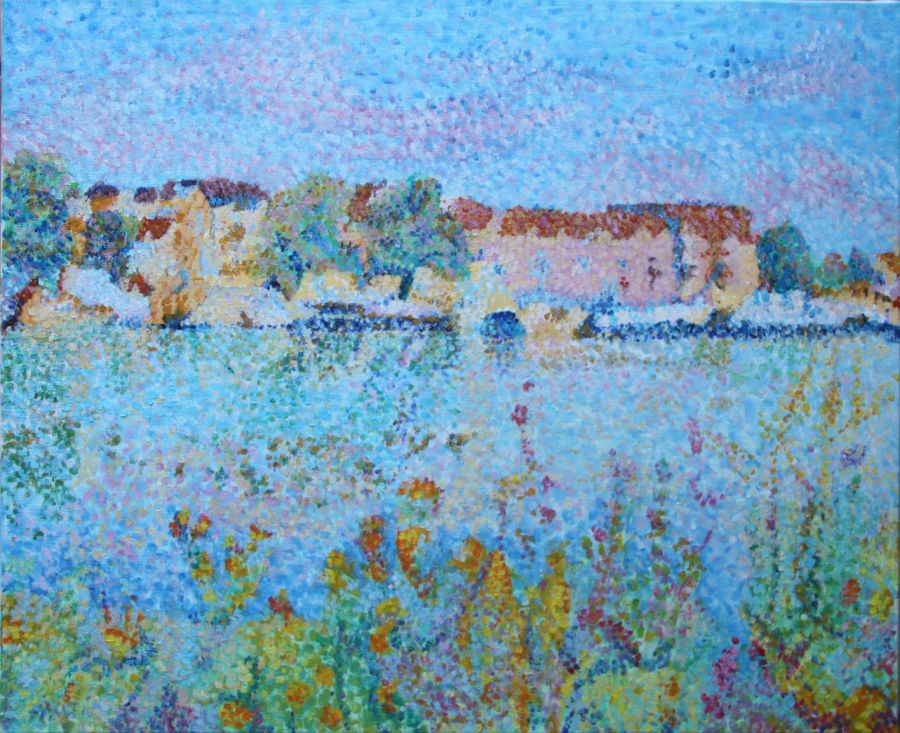 Jean-Guy Bègue : Auxerre Le Port et la Chambre de commerce (61 cm x 50 cm) - Jean-Guy Bègue