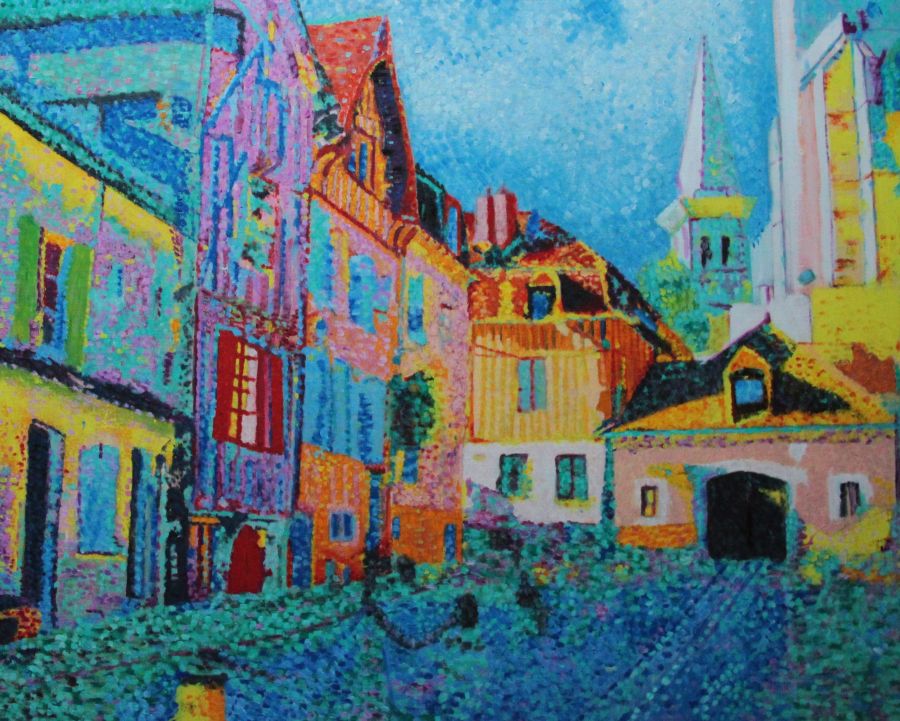 Jean-Guy Bègue : Auxerre Place du Coche d'eau (65cm x 81 cm) - Jean-Guy Bègue