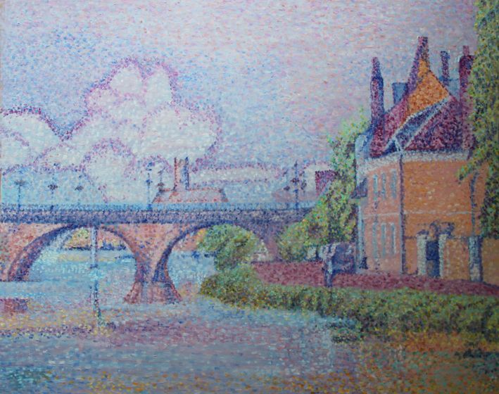 Jean-Guy Bègue : Auxerre Le Pont de la Tournelle vu de la Chaînette (81 cm x 65 cm) - Jean-Guy Bègue