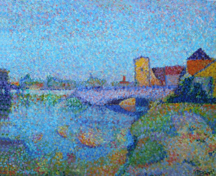 Jean-Guy Bègue : Auxerre Vieux pont au-delà de la Chaînette (46 cm x 38 cm) - Jean-Guy Bègue